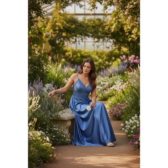 Faviana 9498 Blue Satin Formal Gown – Size 18 – Beaded Bustier & Corset Back NWT - Picture 2 of 16